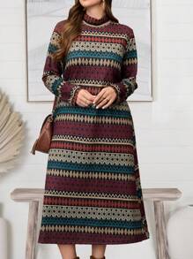 EMERY ROSE Plus Size Mock Neck Long Sleeve Striped Casual Dress,Winter Clothes For Women