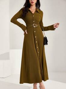 Heiryn Dames effen kleur voorkant knopen lange mouwen casual lange jurk