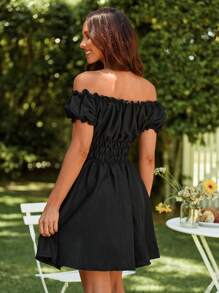 SHEIN VCAY Women's Elegant Off Shoulder Ruffles Waisted Summer Beach Women Dress,Summer Dress,Mini Dress,Romantic,For Summer Vacation,Women Summer Clothing