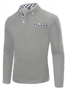 Manfinity Mode Camisa polo informal de manga larga a cuadros para hombre de talla grande, otoñal