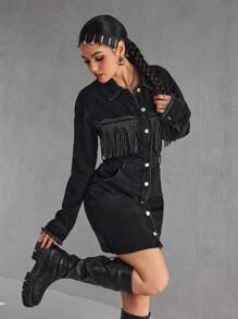 SHEIN PETITE Women's Autumn Splicing Fringe Long Sleeve Single-Breasted Casual Denim Dress - Black - View 7