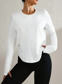 SHEIN Sport Studio Top casual da donna a girocollo bianco tinta unita a maniche lunghe, per uso quotidiano