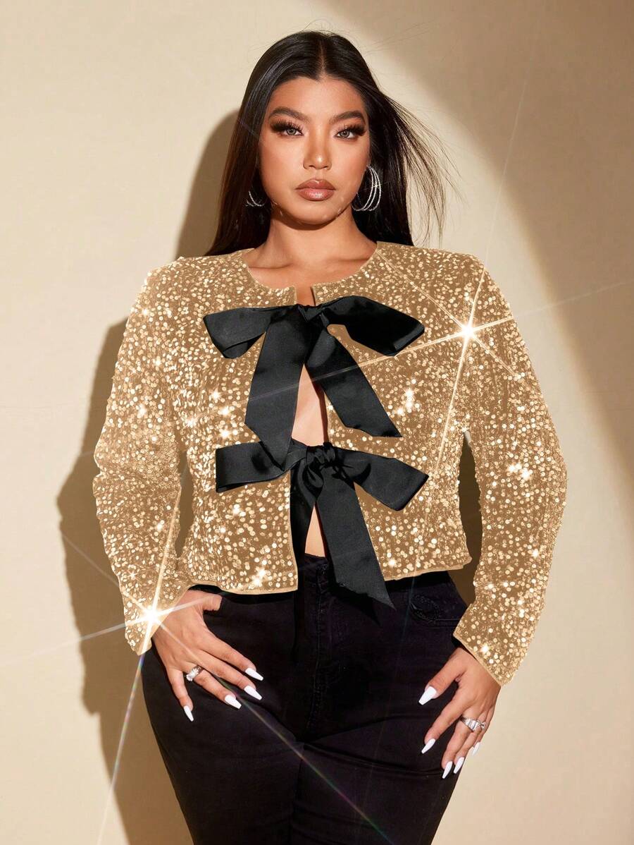 Viva Relle 大码女式长袖领带蝴蝶结亮片装饰优雅夹克 - 金色 - 查看 1