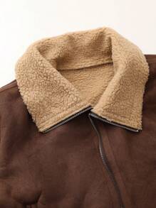 GENKIRA Fashionable Motorcycle Loose Faux Fur Contrast Color Lapel Long Sleeve Jacket For Women - Coffee Brown - View 8