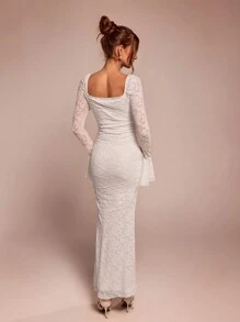 SHEIN BAE 蕾丝荷叶边袖花卉点缀 A 字形连衣裙