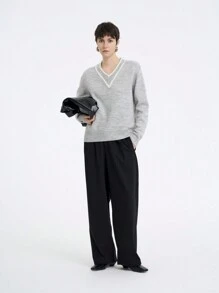 Aalyst Women's Solid Color Patchwork V-Neck Long Sleeve Casual Pullover Sweater