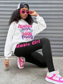 SHEIN Leap Crew 青少年女孩 2 件套，街头，黑白，圆领涂鸦印花宽松长袖运动衫和修身打底裤运动休闲套装，运动服