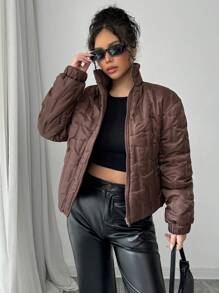 Chiquease Abrigo acolchado de mujer de manga larga con cuello alto de alta gama, de tela acolchada marrón, para otoño/invierno