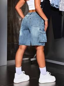 SHEIN ICON Shorts Denim Casual Lavada de Perna Larga Estilo Cargo - Lavagem clara - Visão 2