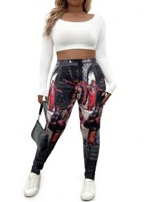 Flirla Plus Size Women Figure Printed Elastic Waist Casual Leggings