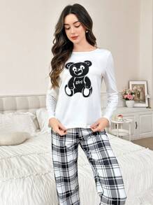 2pcs Bear Plaid Print Long Sleeve Pajama Set - Black and White - View 6