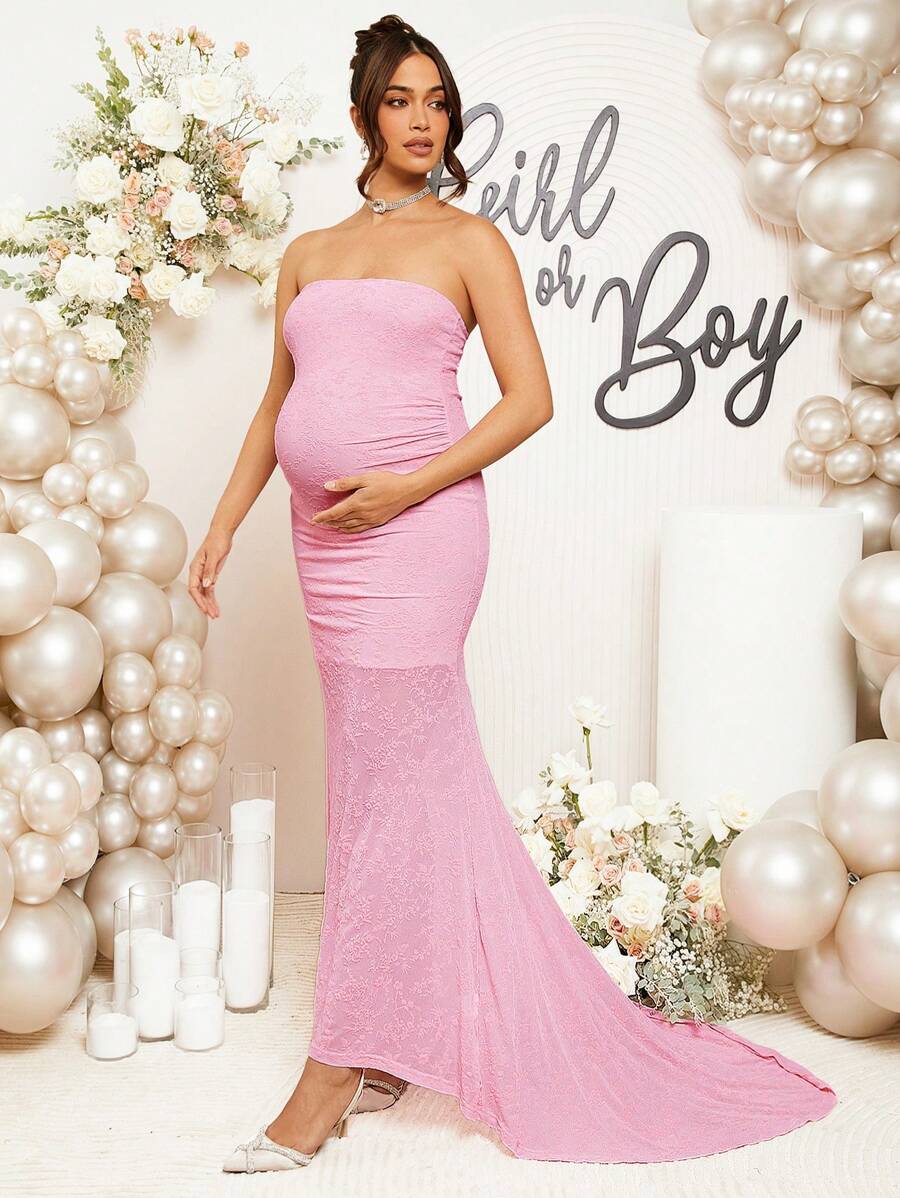 Loomaby Pregnant Women Plain Pleated Elegant Strapless Dress, For Baby Shower Party