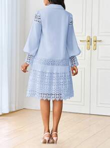 SHEIN Lady Vestido camisero elegante y casual de verano, de largo midi, con contraste de encaje blanco para mujer