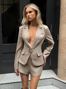 Aloruh 女士性感别致翻领超短西装外套 - 卡其色 - 查看 5