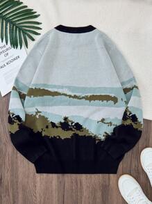 Men's Casual Crew Neck Long Sleeve Gray Sweater With Nature Landscape Print, Simple And Fresh Design