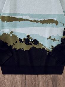 Men's Casual Crew Neck Long Sleeve Gray Sweater With Nature Landscape Print, Simple And Fresh Design