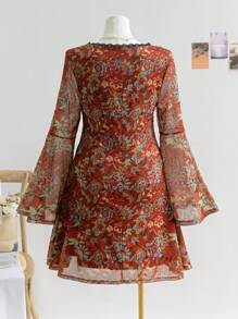 Soleia Blusa con cuello en V, mangas de campana de malla y lazo en talla grande para mujer, con estampado floral vintage en rojo y marrón