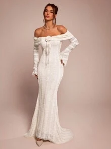 SHEIN BAE 茶歇装 甜美优雅连衣裙 露肩长袖连衣裙 约会装 3D花裙