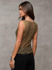 SHEIN BAE Women's Sexy Solid Color See-Through Mesh Sheer Tank Top - Brown - View 2