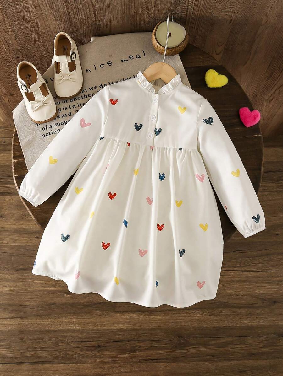 SHEIN LMoss Kids Young Girls & Young Girl Casual Matching Heart Print Shirt Dress, Suitable For Walking/Sports/Back To School & Everyday Casual Wear, Casual Outfit, Great For Casual & Daily Wear & School Daily In Spring And Autumn,Mom And Daughter Matching,Sister And Me Matching