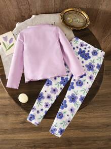 SHEIN LMoss Kids LMoss Young Girls & Young Girl Casual Matching Purple Floral Print Round Neck Long Sleeve Pullover T-Shirt & Solid Color Leggings, Suitable For Walking/Sports/Back To School & Everyday Casual Wear, Casual Outfit, Great For Casual & Daily Wear & School Daily In Spring And Autumn,Mom And Daughter Matching,Sister And Me Matching