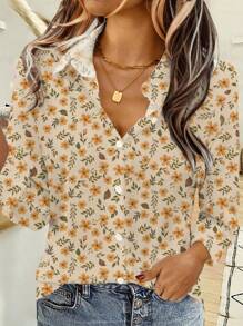 EMERY ROSE Casual Minimalist Floral Pattern Loose Cardigan Shirt For Women, Suitable For Autumn & Winter
