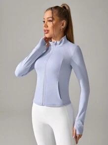 Chaqueta deportiva casual para mujer con cremallera, chaqueta de entrenamiento con bolsillos, chaqueta con capucha para correr y yoga, ajuste ceñido con ojales para el pulgar