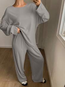 DAZY Plain Minimalist Brushed Knitted Fabric Sleepwear Set Pajama