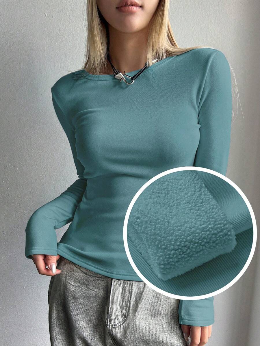 DAZY Long Sleeve Warm Inner Lining T-Shirt,Thermal Lined Fall,Winter - Dusty Blue - View 1