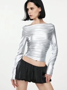 TRNVIE 修身 V 领褶皱长袖 PU 皮革 T 恤 - 銀色 - 查看 3