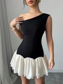 SHEIN Unity 女款優雅性感黑白配色夏季短洋裝，無袖不對稱肩設計，歐根紗拼接色塊斜紋織布，適合晚餐與夜生活 - 黑色 - 查看 8