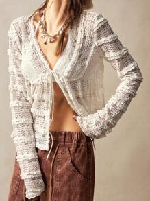 Bohemela Casual Solid Color Knit Lace Up V-Neck Long Sleeve Loose Blouse For Women