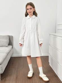 SHEIN 青少年女孩梭织翻领开襟荷叶边袖长袖修身衬衫裙和梭织串珠吊带背心两件套，适合春季外出、返校