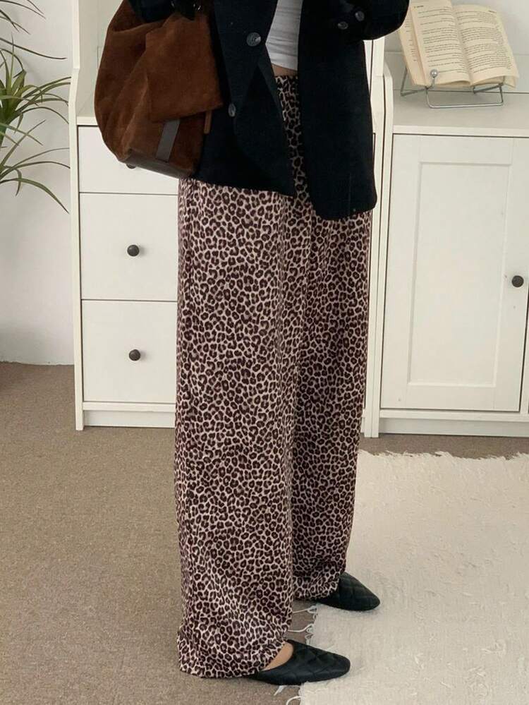 Women Loose Elastic Waist Leopard Print Pants, All Seasons