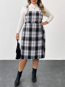 SHEIN CURVE+ Plus Size Women's Casual Checkered Button Front Shoulder Strap Dress, Autumn