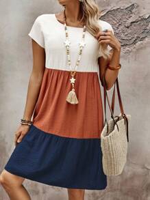 EMERY ROSE Women's Summer Contrast Color Round Neck Batwing Short Sleeve Casual Loose Mid-Length Dress - Multicolor - View 5