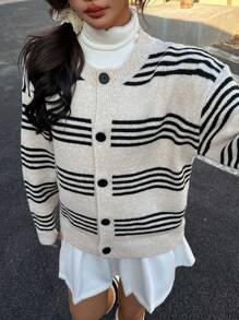 SHEIN Unity 女士单排扣条纹圆领开衫，秋冬休闲装 - 彩色 - 查看 4