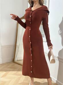 Modelyn Women Elegant Oversized Collar V-Neck Fitted Pearl Button Bodycon Sweater Dress Fall Cloth For Women