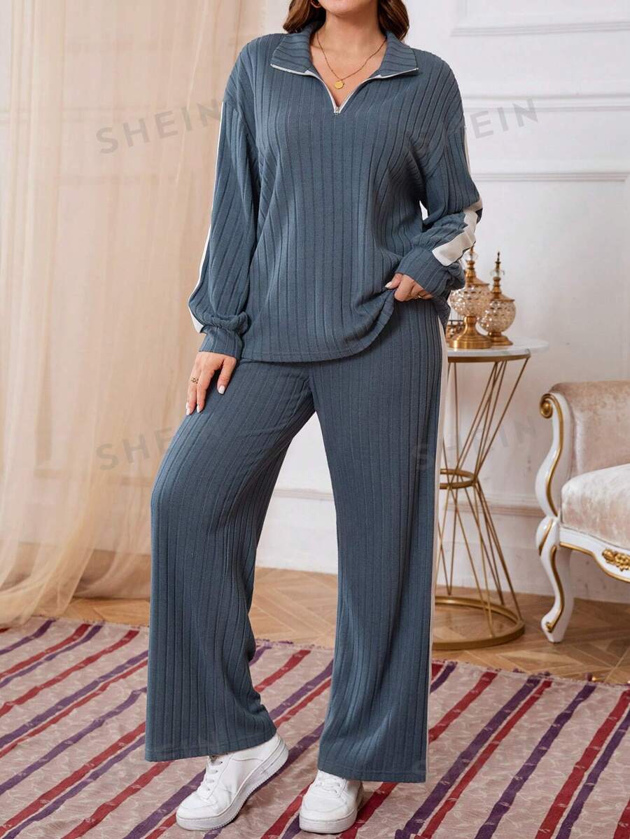 EMERY ROSE Set de 2 piezas de talla grande: Top de manga larga con cremallera delantera en color liso y parches, y pantalón largo, ropa de invierno para mujer