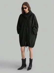 Ontre Stockholm Style, Teacher Outfits For Women,Fall Women Clothes,Women's Hooded Thin Lightweight Windbreaker Jacket, Oversized O-Shaped Design With Pockets, Casual Black Outdoor Ladies Coat, New Spring Collection 2025, Hooded Zip-Up Drawstring Hem
