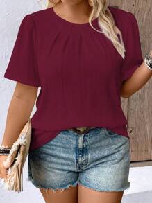 EMERY ROSE Plus Size Solid Color Puff Sleeve Casual Blouse