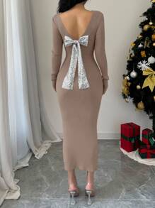 Elenzga Elegante glitterstrik-decoratie, getailleerde trui-jurk zonder rug, herfst/winter