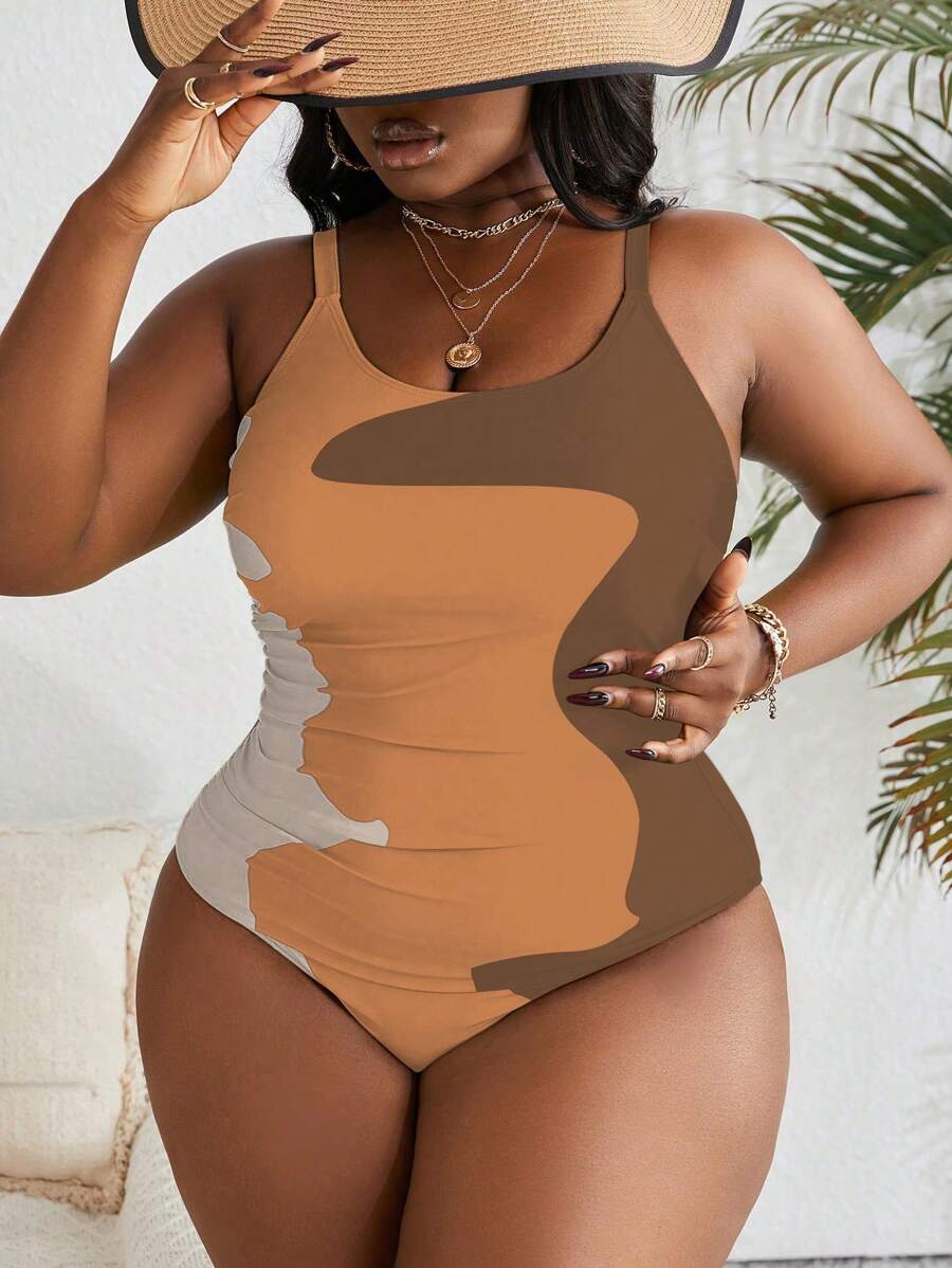 Slaydiva Plus Size One-Piece Splicing Color Swimsuit, Fashionable For Beach Vacation Summer - Multicolor - View 1