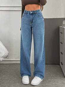 EURMUSE High Waist Wash Detailed Straight Jean - Medium Wash - View 3