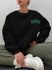 SHEIN PETITE 女式掉肩運動衫,綴有字母印花 - 黑色 - 查看 3