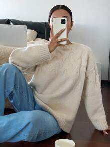 SHEIN Frenchy 女士纯色落肩长袖休闲扭纹针织毛衣，秋冬 - 杏色 - 查看 6