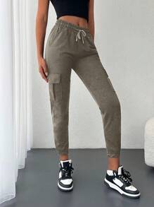 Cottnline Flap Pocket Side Drawstring Waist Joggers - Dark Grey - View 4