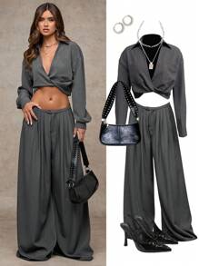 SHEIN BAE Quần dài xếp ly ống rộng màu xám trơn đa năng cho nữ, thích hợp mặc đi làm/đi chơi hàng ngày, phong cách đơn giản và cổ điển - Xám - Xem 7