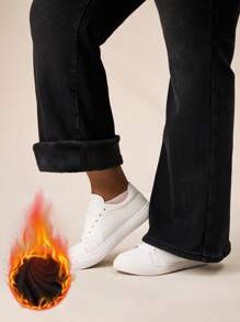 SHEIN BASICS Plus Size Black Stretch Denim Flare Jeans - Black - View 4