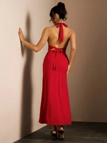SHEIN X Garcia Sisters Glamine Red Halter Neck Backless High Slit Fitted Dress For New Year Clothes Maxi Women Dress,Holiday Dress,Elegance Fashion Dress,Romance Date Night Dress,Birthday Dresses,New Years Women Outfit,Dresses For Women Elegant